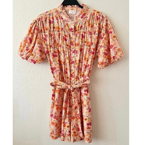 Fate Women's Floral Button Front Romper Elastic Waist Puff Sleeve Tie Belt NWT M - Picture 2 of 13